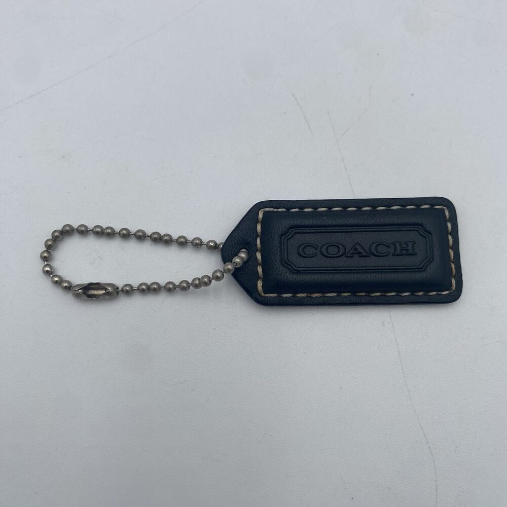 Coach Hang Tag Bag Charm Black Leather ~ 2” X 0.75” Keychain Silver Chain